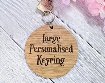 Personalised 90mm Diameter Round Wooden Keyring - Custom Engraved Text - Ideal for Special Occasions or Unique Gifts