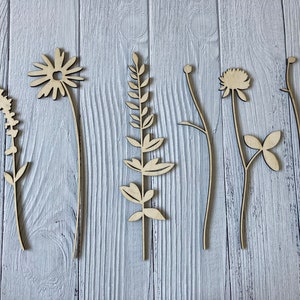 Wooden Flower Display, Set of 6 Unpainted, Plywood Flowers, Craft Gift, DIY Home Decor