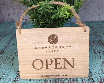 Personalised Wooden Open and Closed Sign for Business - Eco-friendly 2 Sided Oak Veneered MDF with Rustic String for Hanging, Shop Door Sign