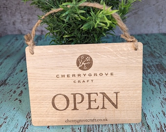 Personalised Wooden Open and Closed Sign for Business - Eco-friendly 2 Sided Oak Veneered MDF with Rustic String for Hanging, Shop Door Sign