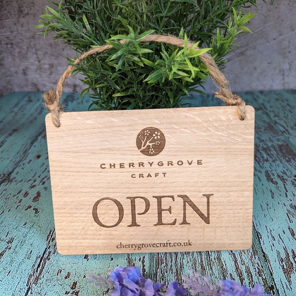 Personalised Wooden Open and Closed Sign for Business - Eco-friendly 2 Sided Oak Veneered MDF with Rustic String for Hanging, Shop Door Sign