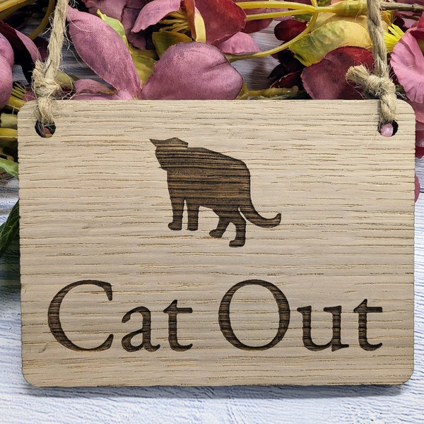 Double-Sided 'Cat In/Out' Wooden Tracker Sign - Eco-Friendly, Handcrafted | Cat Lovers' Must-Have, 4 Sizes, Made in Wales
