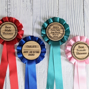 Personalised Rosettes | Wooden Rosettes | Free Design Service | Customised Oak Rosettes in 4 Colours | Award Ribbon | Sports Events etc