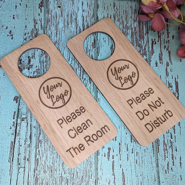 Personalised Wooden Door Hanger - "Please Clean the Room" and "Please Do Not Disturb" - Hotel Sign, Bedroom Sign, Oak, Bulk