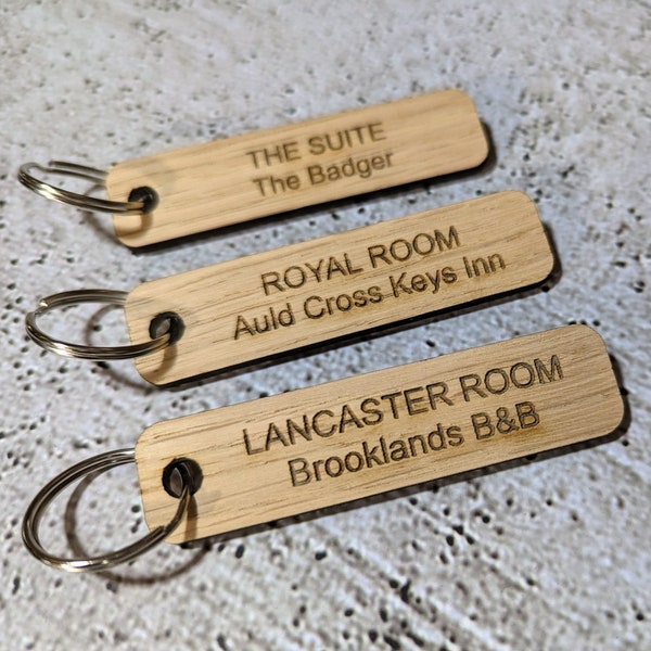 Custom Wooden Room Keyrings, 80mm x 20mm,  Oak Veneer Room Number Keyfobs for Hotels, B&Bs, Airbnbs, Guest Houses, Holiday Lets