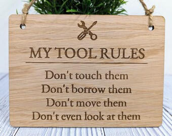 My Tool Rules Wooden Workshop Sign - Funny Garage Decor for Dad, Husband, Grandad