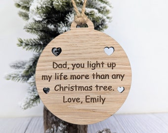 Personalised 'Message in a Bauble' Christmas Ornament - Heart or Star Cut-Outs - Oak Veneer - Rustic Jute String