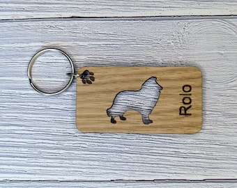 Personalised Rough Collie Oak Keyring: Dog Lover Gift