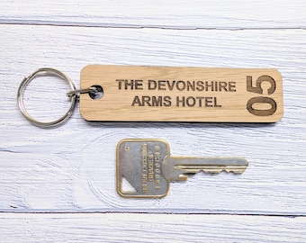 Personalised Wooden Hotel Room Number Keyrings, Double Sided, 90 x 25mm, with Hotel Name - Larger Size, Oak Veneer - Ideal for Hotels, B&Bs