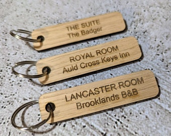 Custom Wooden Room Keyrings, 80mm x 20mm,  Oak Veneer Room Number Keyfobs for Hotels, B&Bs, Airbnbs, Guest Houses, Holiday Lets