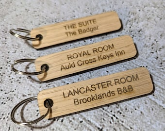 Custom Wooden Room Keyrings, Personalised Oak Veneer Keyfobs for Hotels, B&Bs