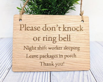 Please Don't Knock - Night Shift Worker Sleeping Wooden Sign - Customisable Oak Veneer Door Sign