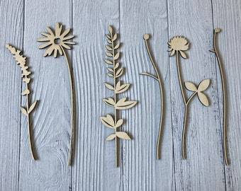 Wooden Flower Display, Set of 6 Unpainted, Plywood Flowers, Craft Gift, DIY Home Decor