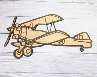 Vintage Biplane Wall Art - Oak Veneer Engraved Biplane Decor, Aviation History Enthusiast, 400mm Wide