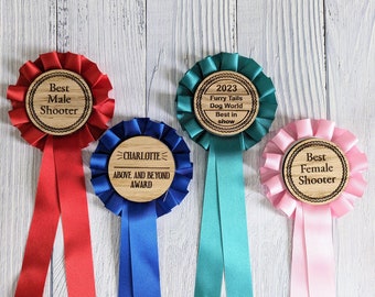 Personalised Wooden Rosettes | Custom Award Ribbons in 4 Colours | Oak | Sports & Event Recognition