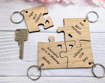 Personalised Jigsaw Keyring Set - 4 Pieces, Oak Veneer, 100x100mm | Handcrafted in Wales, Unique Gift Idea, Friends, Family, Colleagues