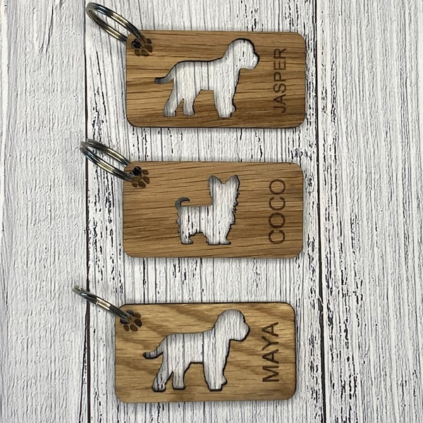 Personalised Dog Keyrings | Engraved Wooden Pet Keyring | Gift For Dog Owner | Oak Wood | Bulk