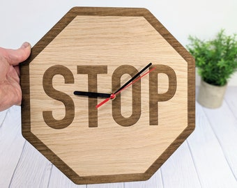 Wooden STOP Sign Clock - Octagonal Quirky Wall Decor for Urban Chic Interiors, Unique Road Sign Clock, Road Themed Decor