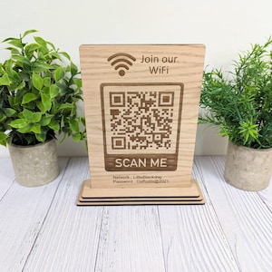WiFi QR Code Sign, Custom Wooden Network Display with Scannable QR, Eco-Friendly Oak, 3 Sizes, Single / Double-Sided for Cafe, Hotel, Office