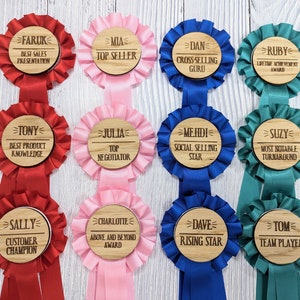 Personalised Rosettes | Wooden Sales Awards Rosette - Celebrate Sales Excellence! | Customised Oak Rosettes in 4 Colours | Award Ribbon