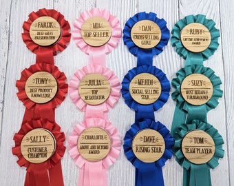 Personalised Rosettes | Wooden Sales Awards Rosette - Celebrate Sales Excellence! | Customised Oak Rosettes in 4 Colours | Award Ribbon
