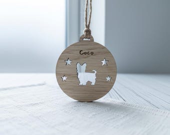 Personalised Bauble, Yorkshire Terrier Christmas Ornament with Stars or Hearts