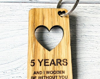5th Anniversary Oak Keyring: Engraved Wooden Heart, Gift for Spouse