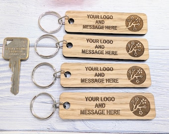Customisable Double Sided Oak Keyring 90x25mm - Personalised Business Logo & Message | Bulk Orders, Corporate Gifts