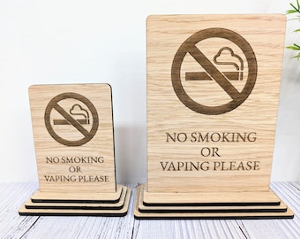 Freestanding "No Smoking or Vaping Please" Wooden Table Sign, Oak Finish, Ideal for Cafes, Restaurants & Public Spaces etc, 2 Sizes, Signage