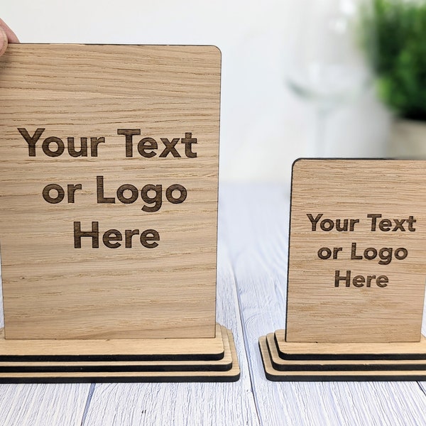 Personalised Wooden Signs - Custom Text & Logo, Freestanding with Removable Base, Available in Two Sizes, Table Signage