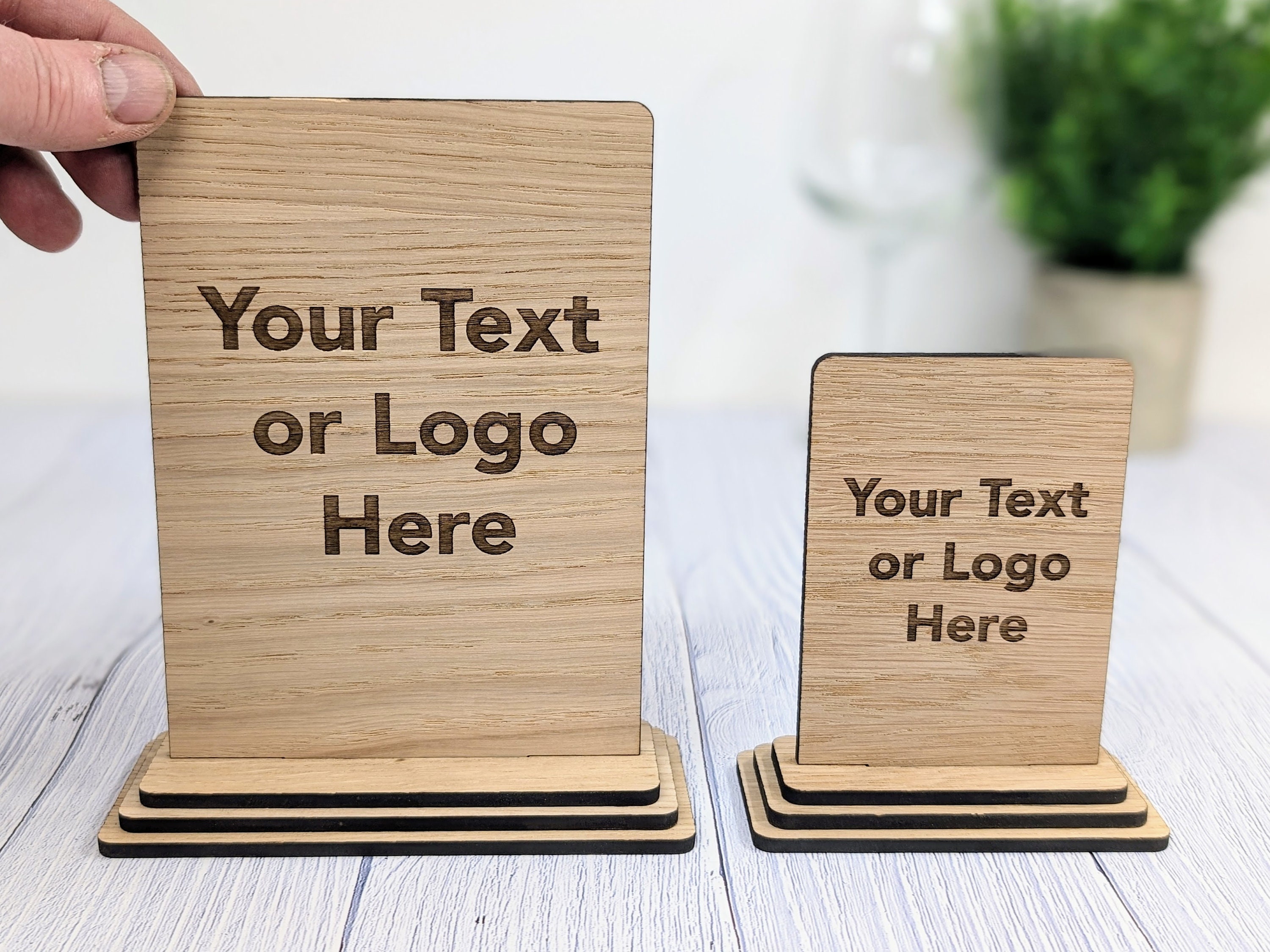 Personalised Wooden Table Signs – Custom Text, Logo, Freestanding, 2 Sizes