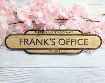 Personalised Railway Station Office Door Sign - Oak MDF - Customisable Text, 4 Sizes - Eco-Friendly, British Crafted Door Sign