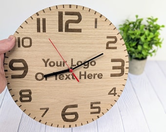 Engraved Oak Veneer Clock: Personalised Text & Logo, 30cm
