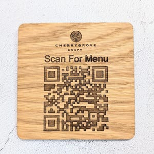 Custom QR Display Coaster with Logo, Oak Veneer Engraved Menu QR Code
