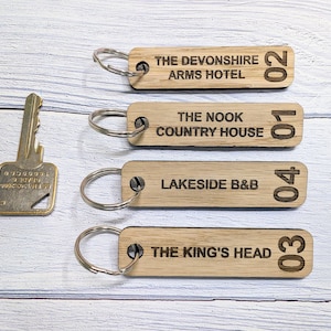Personalised Hotel Room Number Wooden Keyrings, 80 x 20mm, with Hotel Name - High-Quality Oak Veneer - Ideal for Hotels, B&Bs, Guest Houses