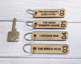 Personalised Hotel Room Number Wooden Keyrings, 80 x 20mm, with Hotel Name - High-Quality Oak Veneer - Ideal for Hotels, B&Bs, Guest Houses