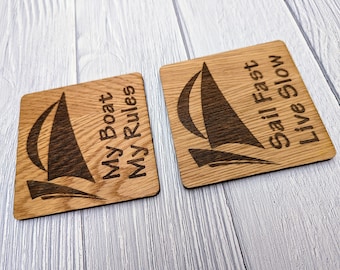Engraved Oak Sailing Coasters: Nautical Gift, Set of 6