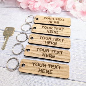 Custom Text Oak Wood Keyring - 90x25mm, Personalised for Any Purpose ...