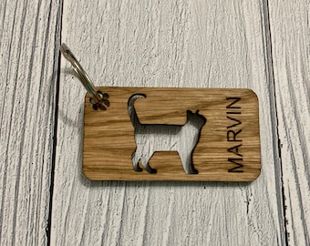 Personalised Cat Keyring: Engraved Oak Wood Pet Tag