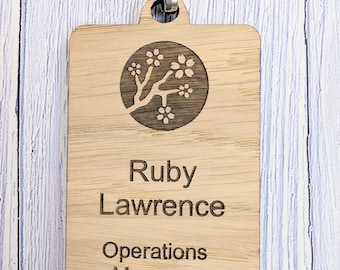 Wooden Name Badges with Lanyards, Personalised Oak Eco Staff Name Badges, Holder, Lanyards - Bulk Discounts, Staff Tags, Add Your Logo