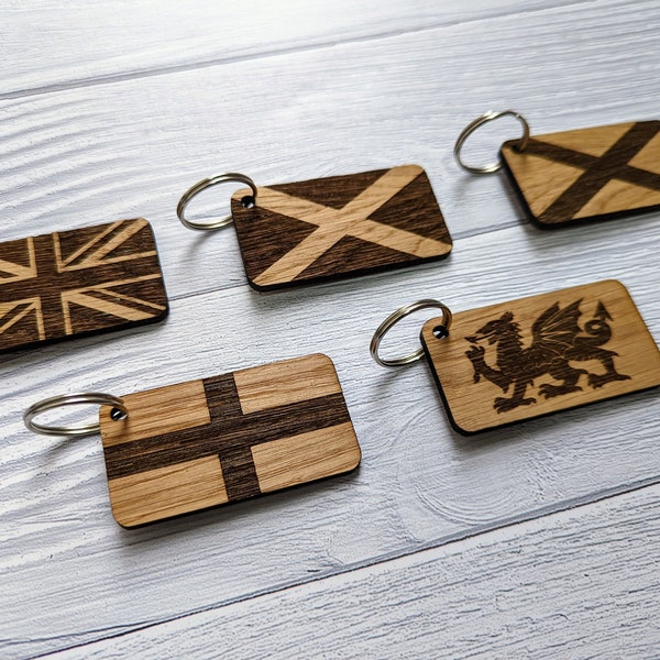 Wooden Flag Keyrings | UK Keyrings | Union Jack, Welsh, Scottish, Northern Irish & English Gifts | Oak Veneered | Bulk