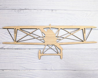 Vintage Biplane Silhouette Wall Art - Oak Veneer Engraved Biplane Decor, Aviation History Enthusiast, 400mm Wide