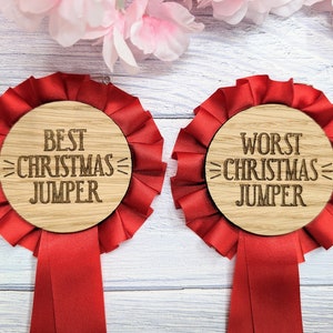 Best & Worst Christmas Jumper Wooden Rosettes - Custom Award Ribbons, Set Option
