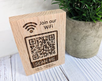 WiFi QR Code Oak Sign, Join Our WiFi, Custom Oak Sign with QR Code, Freestanding Sign - Business WiFi Sign - Hotel Guestroom - Password Sign