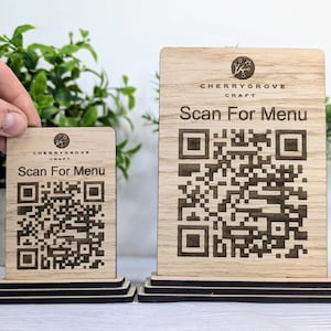 QR Code &#39;Scan for Menu&#39; Wooden Sign, Add Your Logo, Ideal for Restaurants, Bars, Cafes, Hotels, Table, Eco-Friendly, Custom Design, 2 Sizes