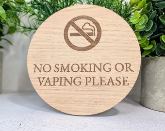 No Smoking or Vaping Sign – Circular Oak Veneered Indoor Business Door Wall Plaque