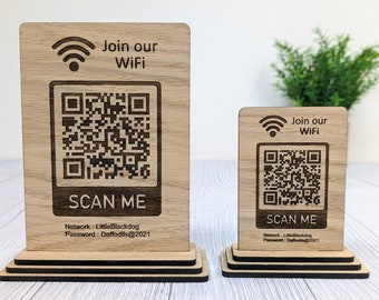 Wooden WiFi QR Code Sign, Eco-Friendly Custom Network Name and Password Table Display, 2 Sizes, Single or Double-Sided, Businesses or Homes
