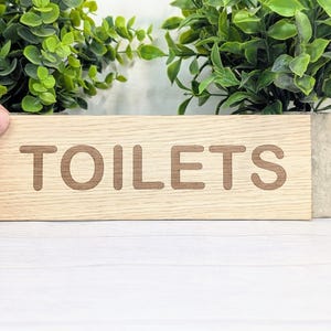 Personalised Oak Veneer Toilets Sign: Custom Text Wooden Door Plaque