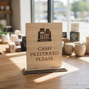 Cash Preferred Sign, Wooden Table Signage with Payment Method Message, 3 Sizes