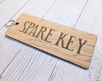 Spare Key Wooden Keyring: Large Oak Veneer Tag, Handmade in Wales